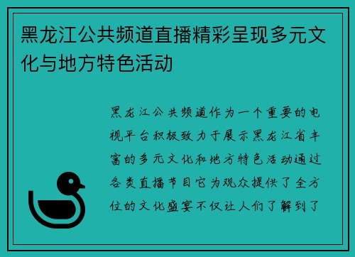 黑龙江公共频道直播精彩呈现多元文化与地方特色活动