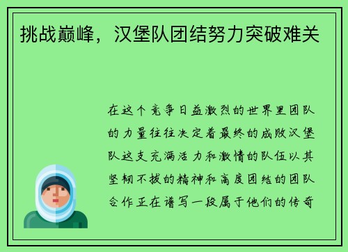 挑战巅峰，汉堡队团结努力突破难关