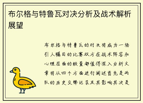 布尔格与特鲁瓦对决分析及战术解析展望